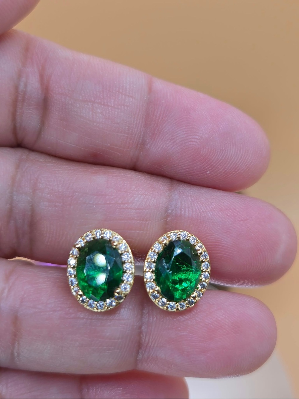 Emerald Green Oval Halo Stud Earrings - Gold Plated